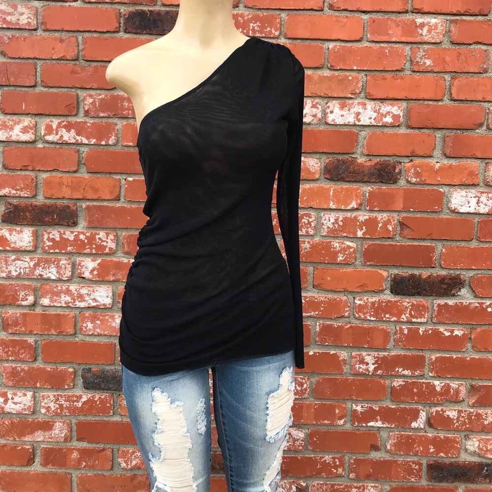 Sweet pea/Stacy frati black mesh one shoulder top